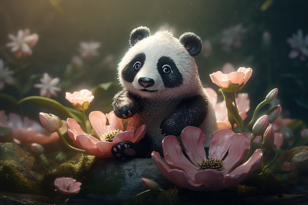 花朵国宝可爱手绘插画熊猫图片