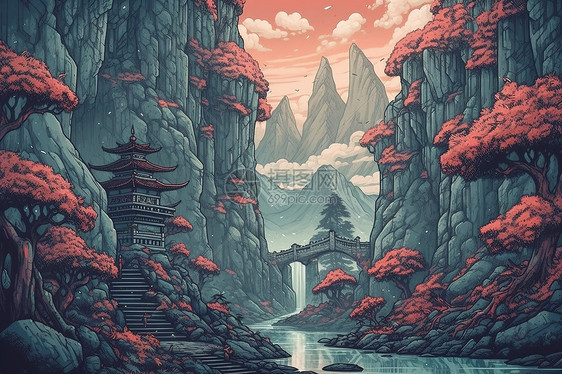 国潮风手绘中国元素传统建筑山林插画图片