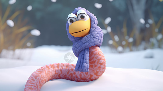 围着紫色围巾在雪地里的小花蛇图片