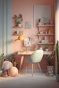 粉色色调书房布置图片