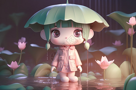 雨天车灯池塘超萌女孩3D插画