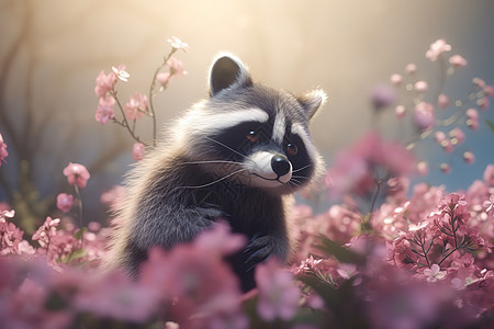 可爱小浣熊在花丛中皮克斯风格图片