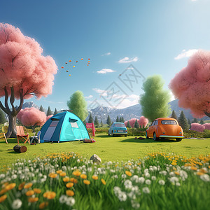 阳光明媚的春日在草坪上露营插画背景图片