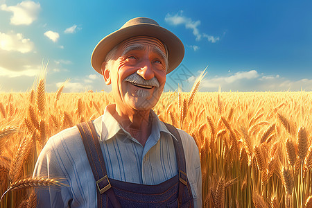 开心的农民伯伯站在金色的麦田中插画图片
