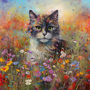 可爱的猫在花丛里油画图片