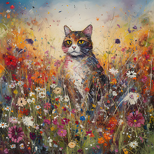 可爱的猫在花丛里油画图片