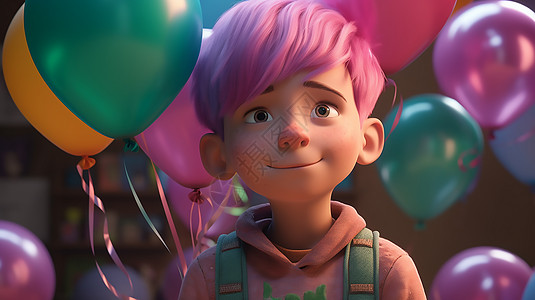粉红气球被气球围绕的小男孩插画