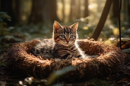 森林里可爱的小猫躺在猫窝里图片