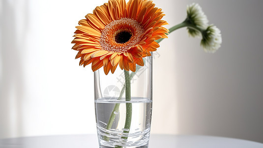 白色背景上玻璃杯里的非洲菊图片