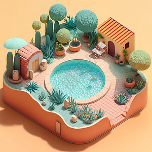 微缩景观夏季泳池3D图片