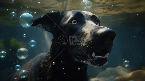 夏天潜水的黑狗狗图片