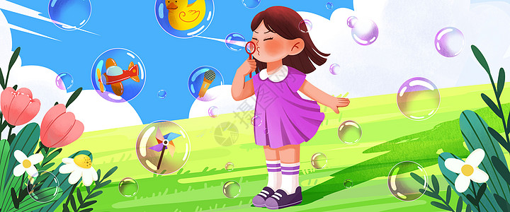 儿童背影女孩草地上吹泡泡卡通插画banner插画