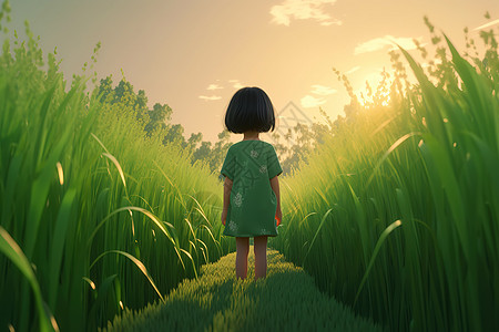 夏日稻田里可爱的小女孩背影图片