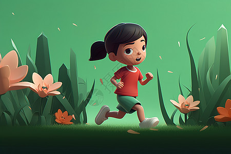 草地上奔跑的女孩3D图片