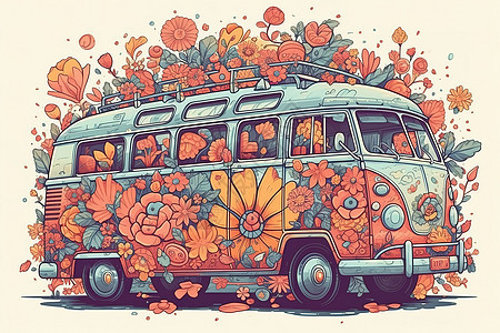 一辆超级可爱的公交车鲜艳的花朵装饰插图图片
