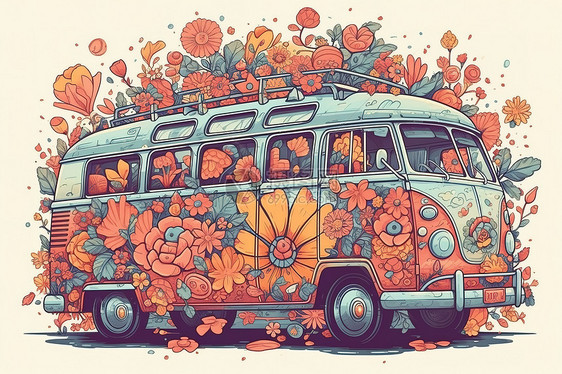 一辆超级可爱的公交车鲜艳的花朵装饰插图图片