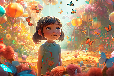 可爱的小女孩被花朵蝴蝶包围皮克斯风格背景图片