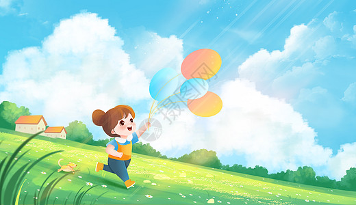 户外气球六一儿童节女孩在户外玩耍治愈系场景插画