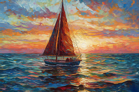 海上帆船日落油画背景图片