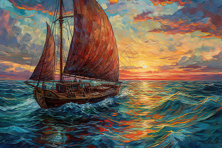 海上帆船日落油画背景图片