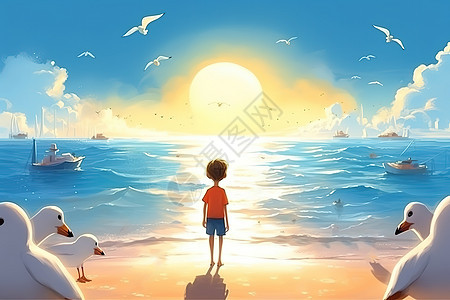 夏天海边男孩看日落背景图片