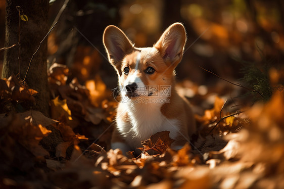秋天趴在树叶上的小狗图片