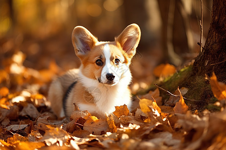 秋天里趴在树叶上的小狗背景图片