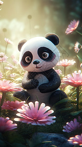 坐在花丛里的熊猫背景图片