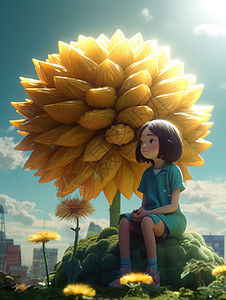 一个坐在巨大花朵前的女孩图片