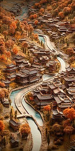 中国古代建筑城市剪纸风3D图片
