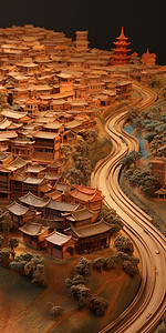 蜿蜒的道路两旁的中国风建筑3D数字背景图片