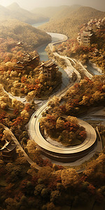 山林间蜿蜒的道路两旁的中国风建筑图片