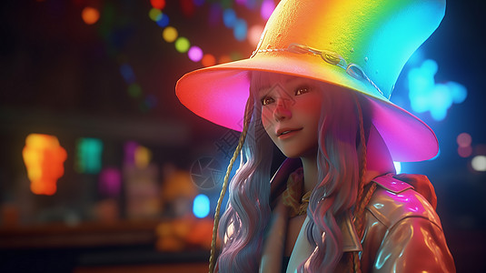 霓虹灯中戴帽子的少女图片