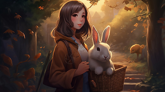 女生和小兔子图片