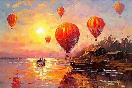 日落时水上热气球印象派风格插画图片