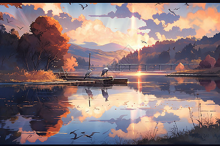 夏天美丽的日落湖景风光宫崎骏风格图片