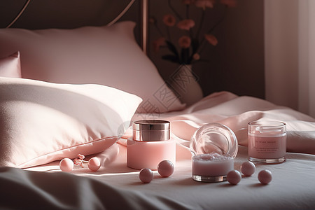 粉红色床上的化妆品图片