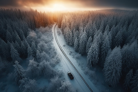 白雪皑皑的森林道路上的车辆图片