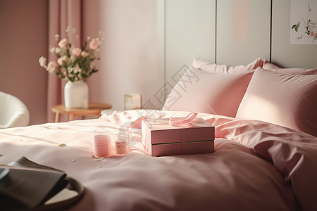 柔和色调粉色床上的礼物图片