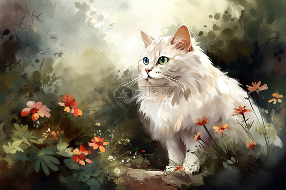 花丛中的猫抽象派油画图片
