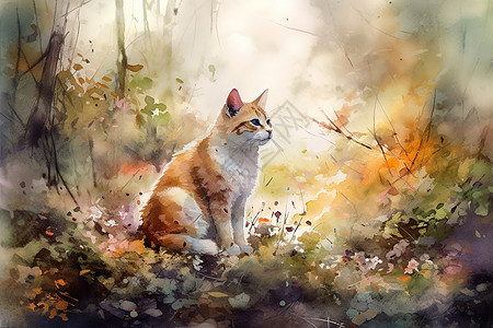 花丛中的猫抽象派油画图片
