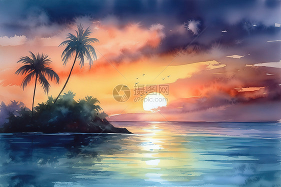 夏日大海日落水彩画图片