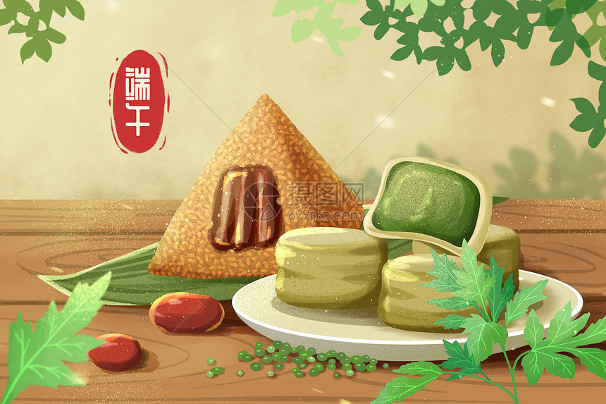 端午节传统美食绿豆糕插画图片