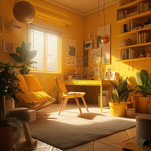 室内家居阳光照耀的黄色书房家居场景插画