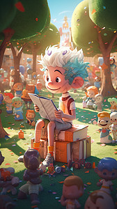 坐在木头上看书的男孩图片
