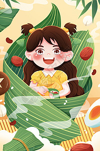 五月初五端午节包粽子女孩插画图片
