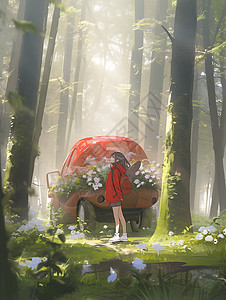 清新手绘春天女孩在森林踏青背景图片