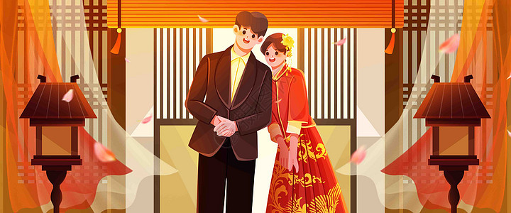 我们的中式婚礼插画banner背景图片