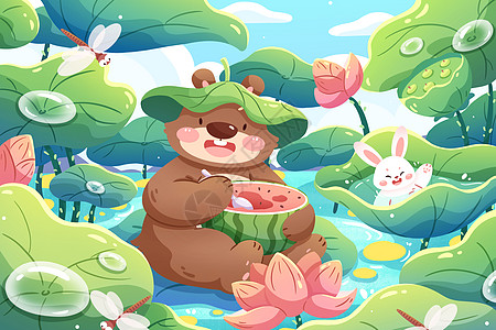 夏天小熊荷叶上吃西瓜插画背景图片