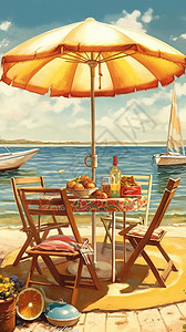 夏季沙滩边的遮阳伞和美食图片